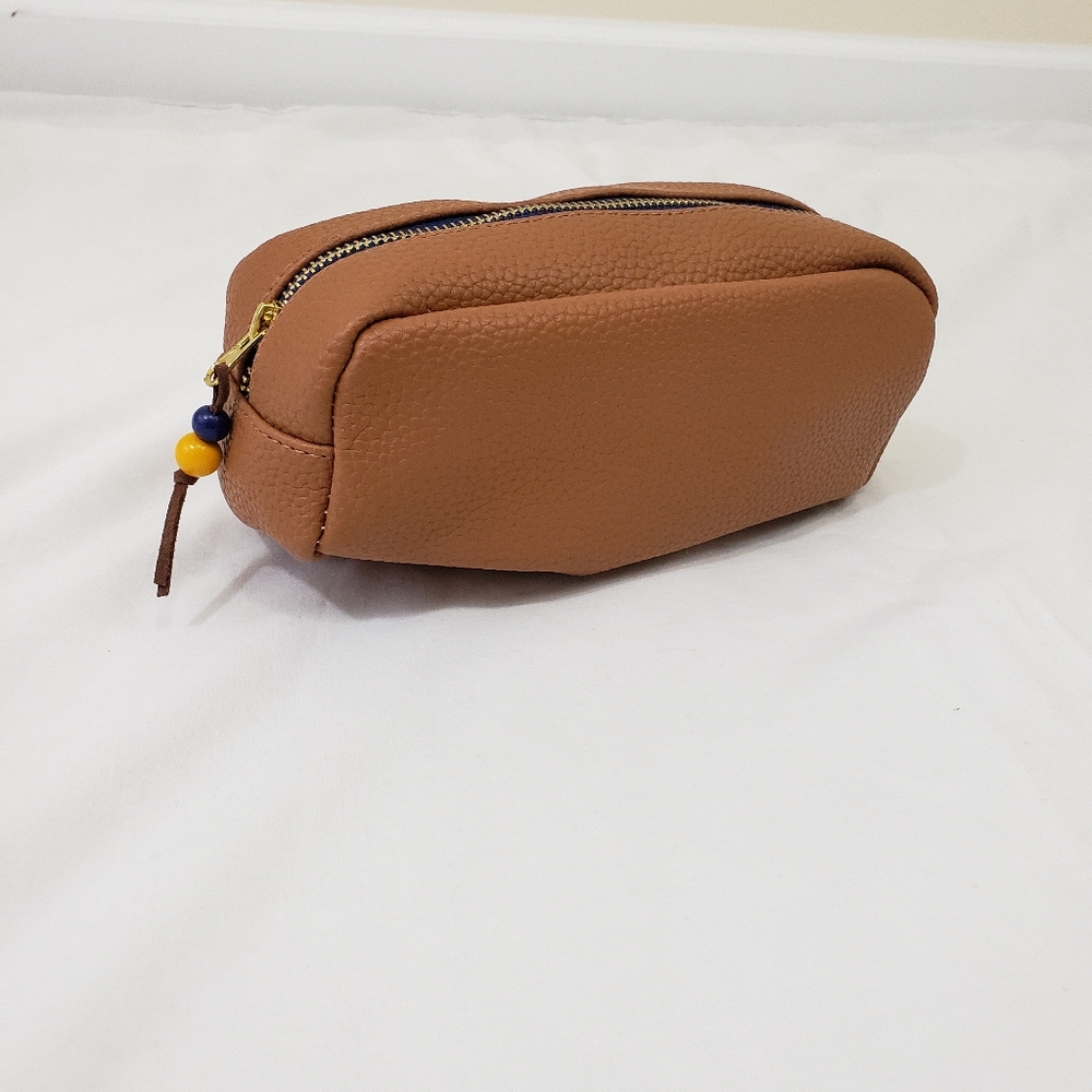 Faux Leather Tan Cognac Zippered Pouch Pencil Case Makeup Bag